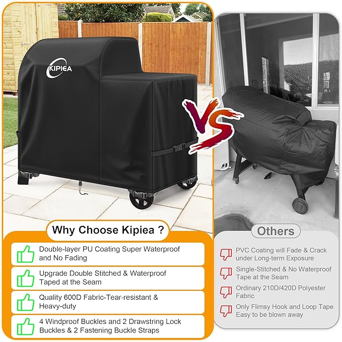Kipiea Heavy Duty Grill Cover for Traeger Woodridge, 600D Oxford Fabric Wood Pellet Smoker Covers Waterproof & Windproof, Pellet BBQ Grill Cover for Outside Anti-UV, No Tear, No Fading