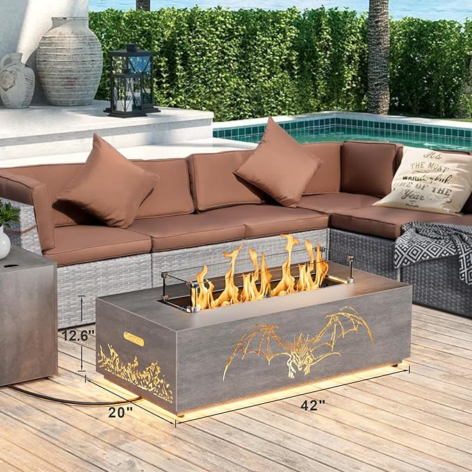SUNPEAK 42" Propane Fire Pit table with LED Light - 50,000 BTU with Wind Guard, Lid, Rocks and Cover - Gas Fire Pits for Outside Patio - Fire Pit Tables for Outside Patio (Grey/Dragon Cutout, 42" LED)
