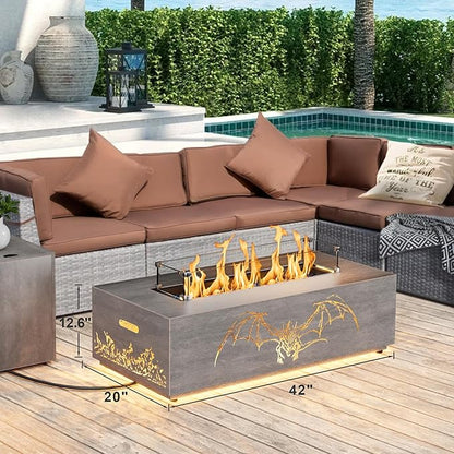 SUNPEAK 42" Propane Fire Pit table with LED Light - 50,000 BTU with Wind Guard, Lid, Rocks and Cover - Gas Fire Pits for Outside Patio - Fire Pit Tables for Outside Patio (Grey/Dragon Cutout, 42" LED)