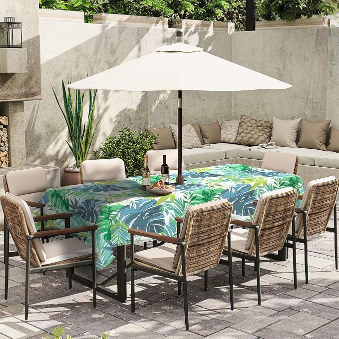 Outdoor Rectangle Tablecloth, 60×84 Inch Water Repellent Picnic Table Cover with Umbrella Hole Zipper for Patio Family Meal, Islamorada Blue Green