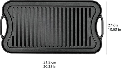 Amazon Basics Pre-Seasoned Cast Iron Reversible Rectangular Grill/Griddle with Even Heat Distribution, Black, 20 x 10.63 x 0.98 inch