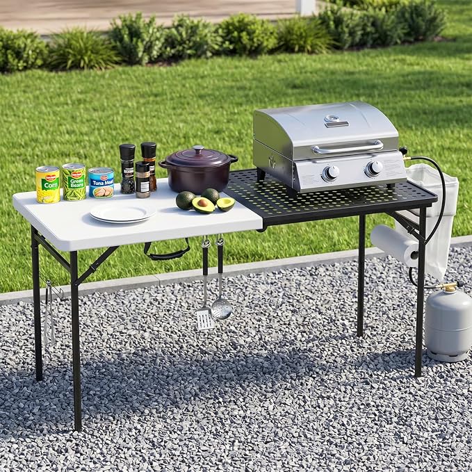 5ft Folding Table for Picnic Camping, Portable Outdoor Table with Metal Grid Grilling Surface, Heavy Duty Foldable Table for Cook Prep,Suitable for Camping, Backyard, Patio and Beach