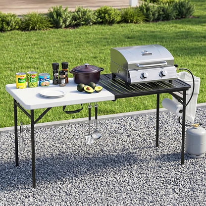 2 Pack 5ft Folding Table for Picnic Camping, Portable Outdoor Table with Metal Grid Grilling Surface, Heavy Duty Foldable Table for Cook Prep,Suitable for Camping, Backyard, Patio and Beach.
