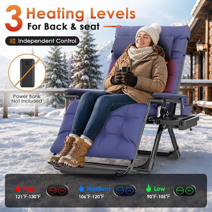 Slendor Heated Oversized Zero Gravity Chairs 33In, XXL Lounge Chair, Blue | Anti Gravity Recliner with 3 Heat Levels for Back & Seat, Headrest & Cup Holder, Folding, Supports 500lbs, (Battery Not)