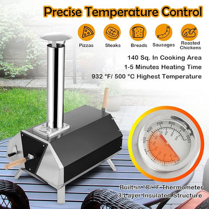 COSTWAY Outdoor Pizza Oven, with 12” Pizza Stone, Wood Fired Pizza Maker with Foldable Legs & Built-in Thermometer, Stainless Steel Wood Pellet Pizza Grill for Camping, Backyard, Picnic, Party, Black