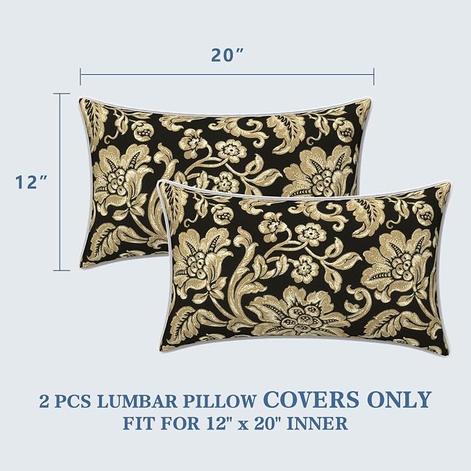LVTXIII 2 Pack Outdoor Lumbar Pillow Covers 12x20 Inch with Piping, Water-Repellent Back Cushion Covers ONLY for Patio Furniture, Sofa, Garden Bench, Jacobean Black