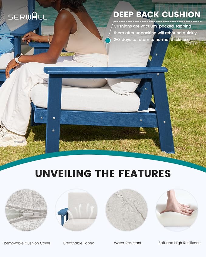 SERWALL HDPE Outdoor Couch, All-Weather Wood-Like Outdoor Sofa Set with Coffee Table, Blue Frame and Khaki Cushion