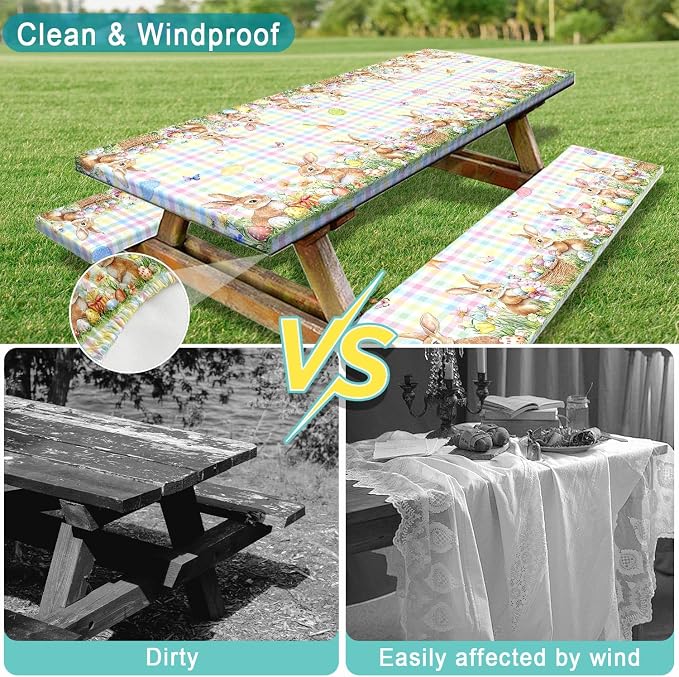 Easter Picnic Table Cover with Bench Covers, Camping Essentials, Easter Buffalo Plaid Bunny Eggs Flowers Outdoor Table Covers, Waterproof, Fitted Tablecloth Cover with Elastic Edge, 3 PCS, 30x60 Inch