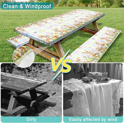 Easter Picnic Table Cover with Bench Covers, Camping Essentials, Easter Buffalo Plaid Bunny Eggs Flowers Outdoor Table Covers, Waterproof, Fitted Tablecloth Cover with Elastic Edge, 3 PCS, 30x72 Inch
