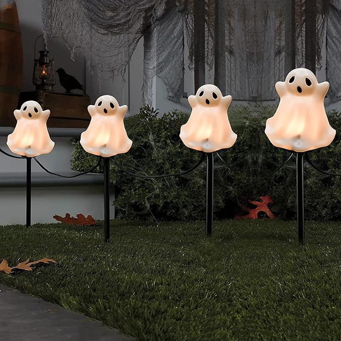 GOOTHY Halloween Ghosts Pathway Marker Lights, 4 White Ghosts with 4 Stakes, 7Ft Extendable Pathway String Lights, Waterproof for Halloween Lawn Walkway Driveway Markers