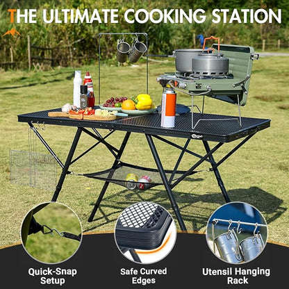 Portal 4 ft Folding Camping Grill Table Heavy Duty Portable Outdoor for BBQ | Iron Mesh Folding Grill Table with 2 Adjustable Heights(15" & 29"), Heat-Resistant Tabletop for BBQ & Outdoor Cooking Gray