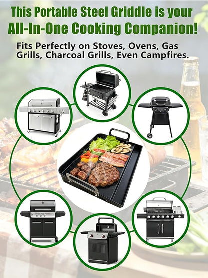 2026 Advanced Portable Steel Griddle, Griddle for Gas Grill, Non-Stick Coating, Universal Flat Top for Gas Grill/Stove/Oven/Campfire, Ergonomic Handle & Easy Clean for Outdoor BBQ & Camping, 23"x16"