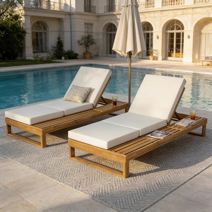 Merax 2 Piece Teak Finish Acacia Wood Chaise Lounge with 4-Inch Cream 3-Fold Water-Resistant Cushion Set, 4-Position Adjustable Outdoor Patio Lounger with Flat Side Surface, for Poolside