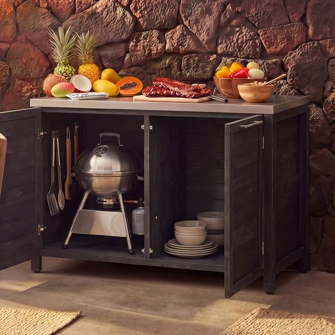 MOUMON Patio Kitchen Storage Cabinet with Stainless Steel Countertop, Solid Cedar Patio Prep Table for Grilling, Outdoor Cooking Station, Dark Grey 51.2”W x 23.6”D x 37.4”H