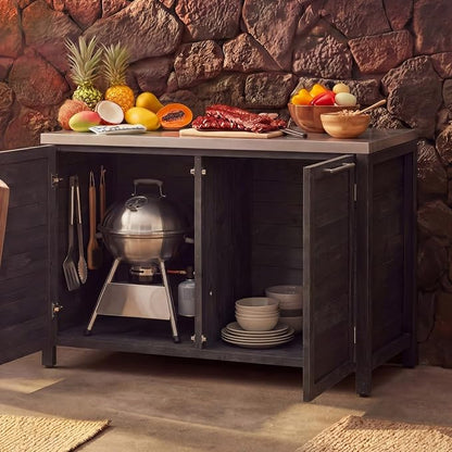 MOUMON Patio Kitchen Storage Cabinet with Stainless Steel Countertop, Solid Cedar Patio Prep Table for Grilling, Outdoor Cooking Station, Dark Grey 51.2”W x 23.6”D x 37.4”H
