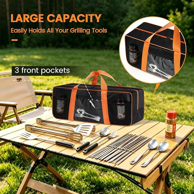 Grill Utensil Storage Bag, Large Capacity Grill Tool Storage Bag, Griddle Accessories Compatible with Blackstone, Perfect for Outdoor Grilling Accessory Storage (24", Black, Mesh Bag)