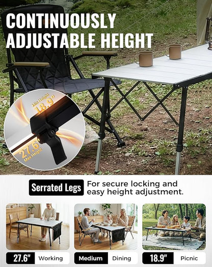 KingCamp Folding Camping Table Foldable, 55.1" x27.6" Aluminum Roll Up Table with Adjustable Height 6-7 Person Large Camp Tables Outdoor with Carrying Bag for BBQ, Patio, Picnic Loads 265 Lbs
