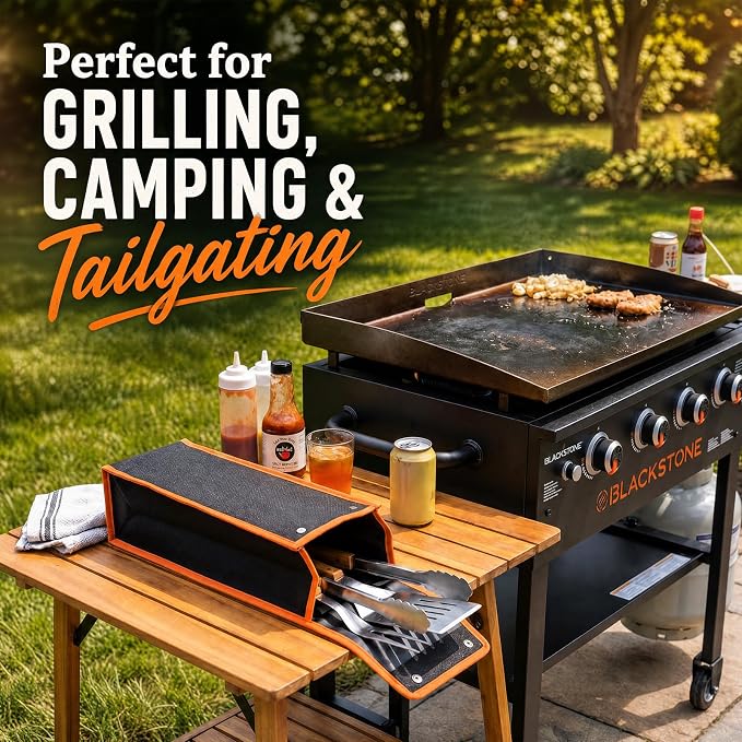 1 Pcs Grill Utensil Storage Bag BBQ Tool Holder Pouch,Orange | Oxford Cloth Foldable Design, Camping Hiking Organizer, Snap Closure Secure, Stands Upright or Flat, Portable Outdoor Pouch