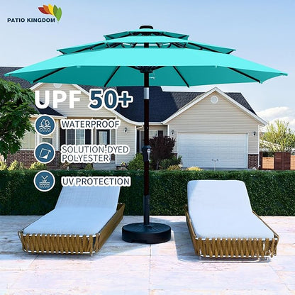 PatioKingdom 9ft 3-Tier Patio Market Umbrella with Crank/Tilt, Commercial Heavy Duty Wind Proof,Outdoor Table Umbrella with 8 Fiberglass Ribs,UPF50+ for Deck,Pool,Garden,Backyard (Peacock Blue)