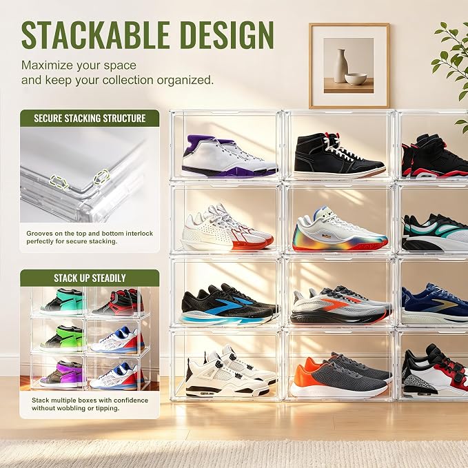 Clear Acrylic Shoe Box Size 14, Stackable Everyday Footwear Storage | Fits size 14 sneakers,casual shoes and athletic footwear. Clear acrylic design with magnetic door & dustproof storage.1 Pack