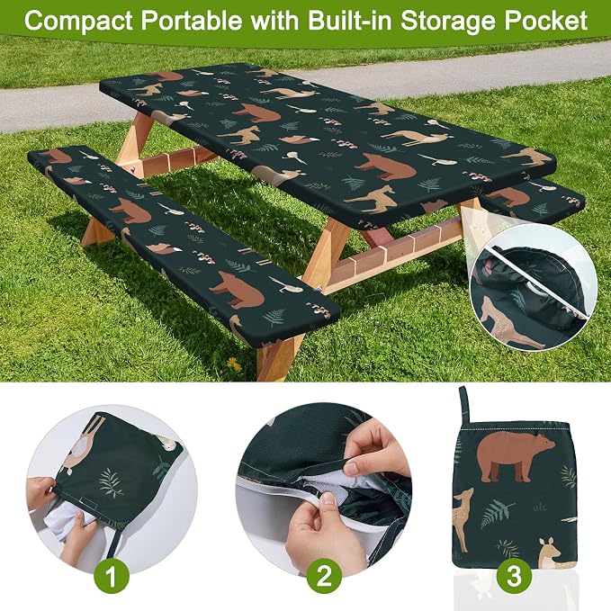 Picnic Table and Bench Cover Set, Waterproof Fitted Elastic Cloth | Portable Camping Essentials With Built-In Storage Pocket And Waterproof Fabric For Outdoor RV Or Picnic Table Use