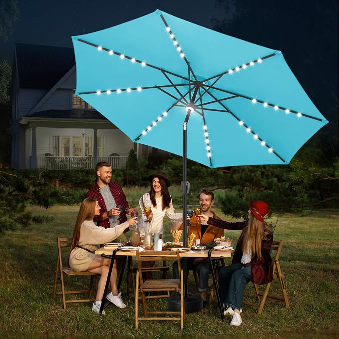 FLAME&SHADE Solar Patio Umbrella with a Centre Light, 11 FT Aqua Blue | 40 LED Lights, UV Protection, Waterproof, Porch Deck Outdoor Umbrella for Pool, Backyard, Garden, Provides Evening Lighting