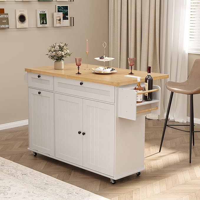 ComfyCorner 60" Rolling Large Kitchen Island on Wheels with Extendable Table, Drop Leaf & Power Outlet, Mobile Kitchen Cart with Storage Cabinet, 2 Drawers, Spice Rack, Towel & Knife Holder, White