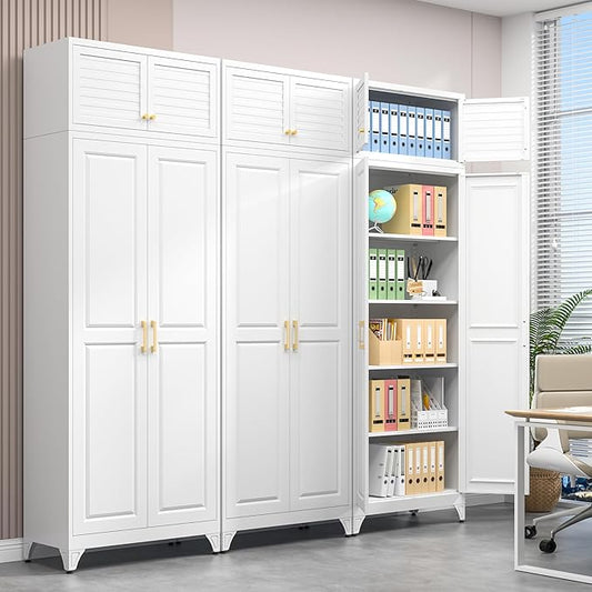 Polup 90" Tall Metal Storage Cabinet with Doors and Shelves, Heavy Duty Steel Kitchen Pantry Cabinet, Freestanding White Storage Cabinet for Garage, Laundry Room, Office, Dining Living Room