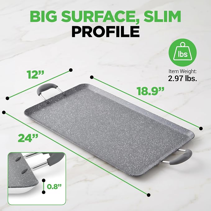 NutriChef Double Burner Griddle | Flat Top Griddle for Stove Top | Nonstick marble-coated griddle pan with extra-large easy to clean cooking surface, perfect for pancakes and tortillas
