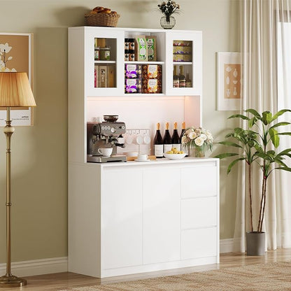 71" Kitchen Pantry Cabinet,Tall Storage Cabinet with Charging Station | Kitchen Storage Hutch with Microwave Shelf,Coffee Bar,Led Lights & Shelves Adjustable,Corner Pantry Cabinet for Living Room