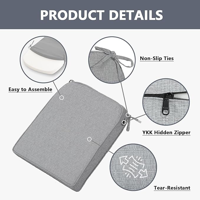Goodgoods 19.5 x 20 Outdoor Chair Cushions Set of 4, Fade-Resistant & Water-Resistant Patio Seat Cushion Pads with Ties, 30D High-Resilience Foam for Dining Room Kitchen Chairs, Stone Gray