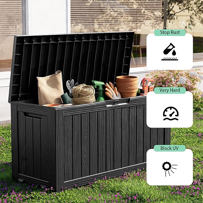 PatioZen 90 Gallon Deck Box Outdoor, Weatherproof Resin Patio Storage Box, Waterproof Outdoor Storage Boxes with Lid Lockable for Cushions, Garden Tools,Black