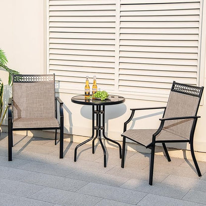 Giantex Patio Chairs Set of 2, Outdoor Chairs with All Weather Fabric, High Backrest, Armrests, Heavy Duty Metal Armchair, Outside Dining Chairs for Porch Lawn Garden Yard Pool (Light Brown & Black)