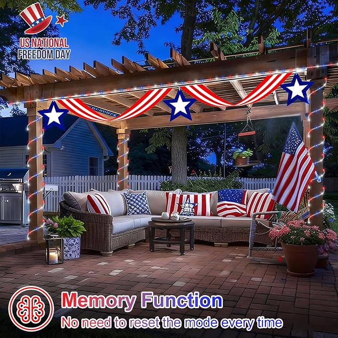 QITONG Red White Blue Solar Rope Lights, 2 Pack Each 33ft 100 LED Patriotic String Lights Outdoor, 8 Modes Fairy Lights in Clear Thin Tube for Independence Memorial Day Decor