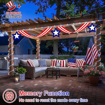 QITONG Red White Blue Solar Rope Lights, 66ft 200 LED 4th of July String Lights, 8 Modes Fairy Lights in Clear Thin Tube for Patriotic Independence Memorial Day Decor