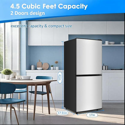 Compact Refrigerator with Freezer, 4.5 Cu. Ft. 2-Door Dorm Fridge, Silver | Compact Refrigerator 7-Level Adjustable Thermostat, Small Refrigerator with Freezer for Home, RV, Apartment, Office