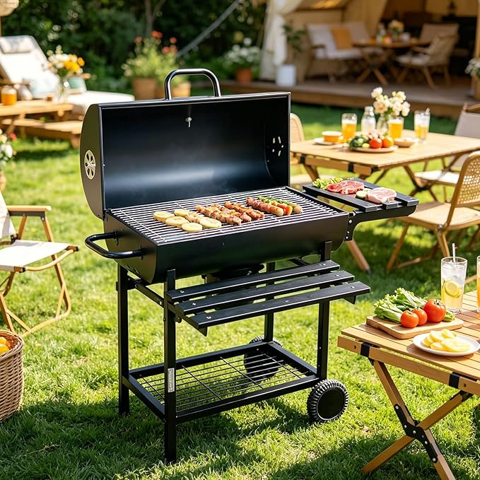 Charcoal Outdoor BBQ Grill,Barrel Barbecue Charcoal Grill,Offset Smoker,Braised Roast,Ideal for Patio Cooking Backyard Grilling Camping Picnics Tailgating Parties