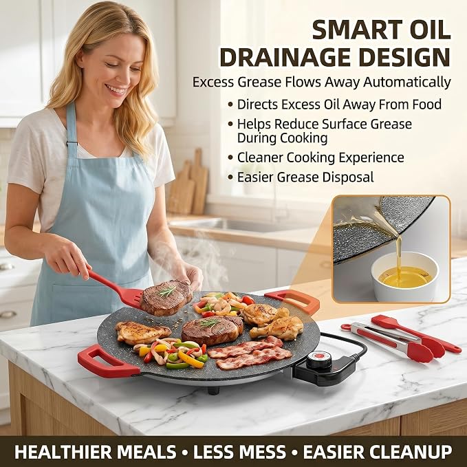 Electric Indoor Grill Nonstick, 14” Round Electric Griddle with Adjustable Temperature Control,for Pan Searing Steaks, Breakfast, BBQ & Family Meals, Bonus Spatula,Oil Brush & Food Tongs