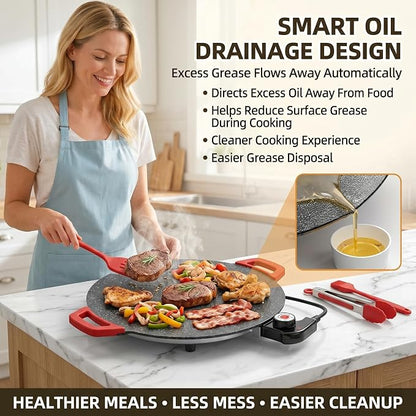Electric Indoor Grill Nonstick, 14” Round Electric Griddle with Adjustable Temperature Control,for Pan Searing Steaks, Breakfast, BBQ & Family Meals, Bonus Spatula,Oil Brush & Food Tongs