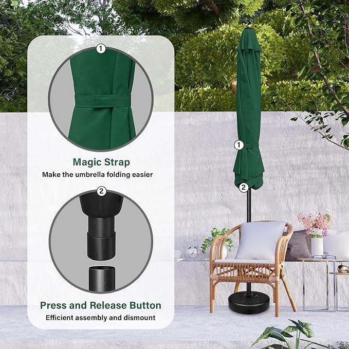 YSSOA 9' Patio Umbrella with 50lbs 20" Capacity Fillable Heavy Duty Round Base, 8 Sturdy Ribs, for Outdoor Lawn, Deck, Poolside, Green and Black