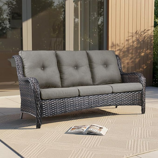 Outdoor Couch All Weather PE Wicker Patio Sofa Outdoor Sofa Deep Seating for Porch Deck Backyard-Brown/Grey