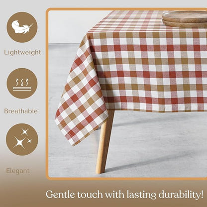 Gingham Cotton Tablecloth 60"x84", Rustic Farmhouse Style, Reusable & Washable, Indoor Outdoor Dining Table Cover for Events, Everyday Use - Rust, Khaki, Natural