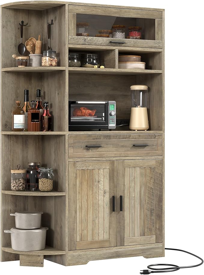 DWVO 67" Farmhouse Kitchen Pantry Cabinet with Storage Cabinet, Ash Gray | Coffee Bar & Charging Station, Buffet Sideboard, Microwave Stand, Hutch Cupboard for Dining Room Kitchen Living Room