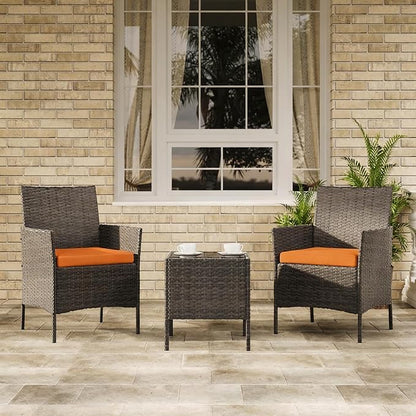3-Piece Outdoor Furniture Set, PE Rattan Wicker Chairs with Soft Cushions & Tempered Glass Coffee Table - All-Weather Patio Set for Garden, Backyard, Porch, Poolside (Brown/Orange)