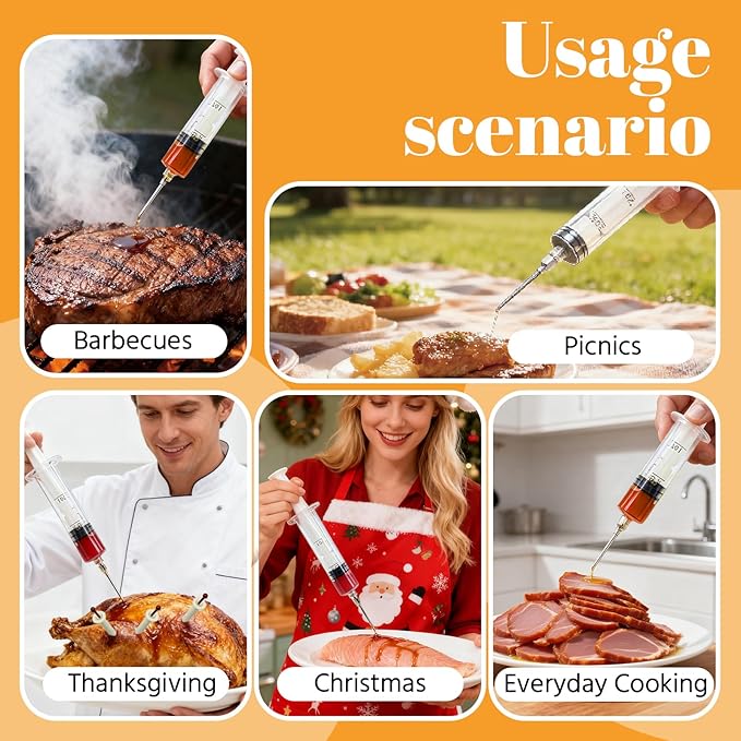 Pop Up Timer (6 pcs) & Meat Injector Syringe (2-OZ) Plastic Turkey Injector with 2 Marinade Needles for Injecting Marinade into Turkey, Meat, Brisket