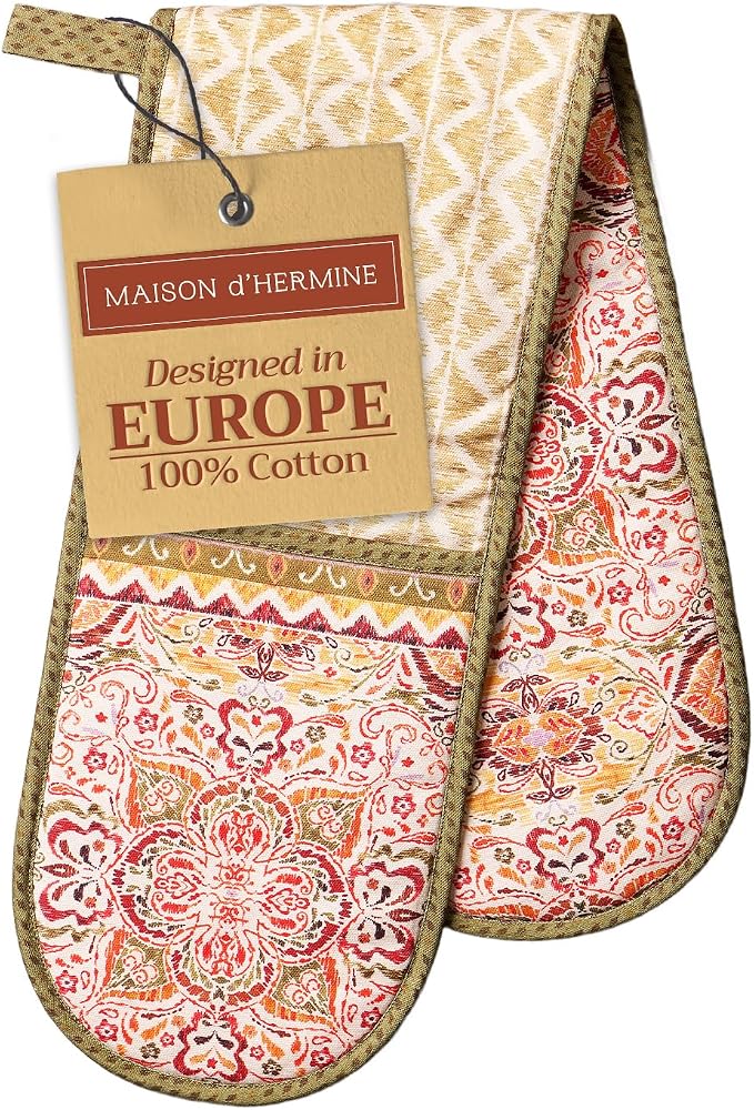 Maison d' Hermine Double Oven Mitts 100% Cotton Double Oven Glove (7"x35") | Heat Resistant BBQ Cooking Gloves with Loop Baking Kitchen Home Hotel Farmhouse Thanksgiving Christmas - Damask