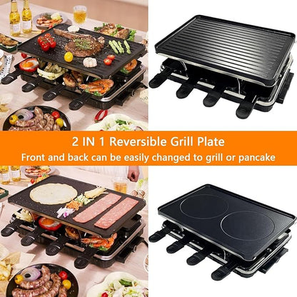 Raclette Grill for 8 — 1300W Tabletop Party Grill with 2-in-1 Reversible Non-Stick Plate | 8 Individual Cheese Pans & Spatulas | Korean BBQ + Cheese Grill | Adjustable Temp, Dishwasher Safe