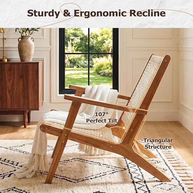 Greesum Acacia Wood Patio Recliner Chairs | 2 Pack Modern Rope Accent Recliners, Outdoor Lounge Seating for Balcony, Porch, Backyard & Poolside