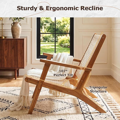 Greesum Acacia Wood Patio Recliner Chairs | 2 Pack Modern Rope Accent Recliners, Outdoor Lounge Seating for Balcony, Porch, Backyard & Poolside