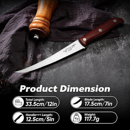 TAN REN 7-Inch Stainless Steel Boning Knife, Meat Cutting Knife with Sheath, Flexible Curved Blade for Brisket and Fish Filleting